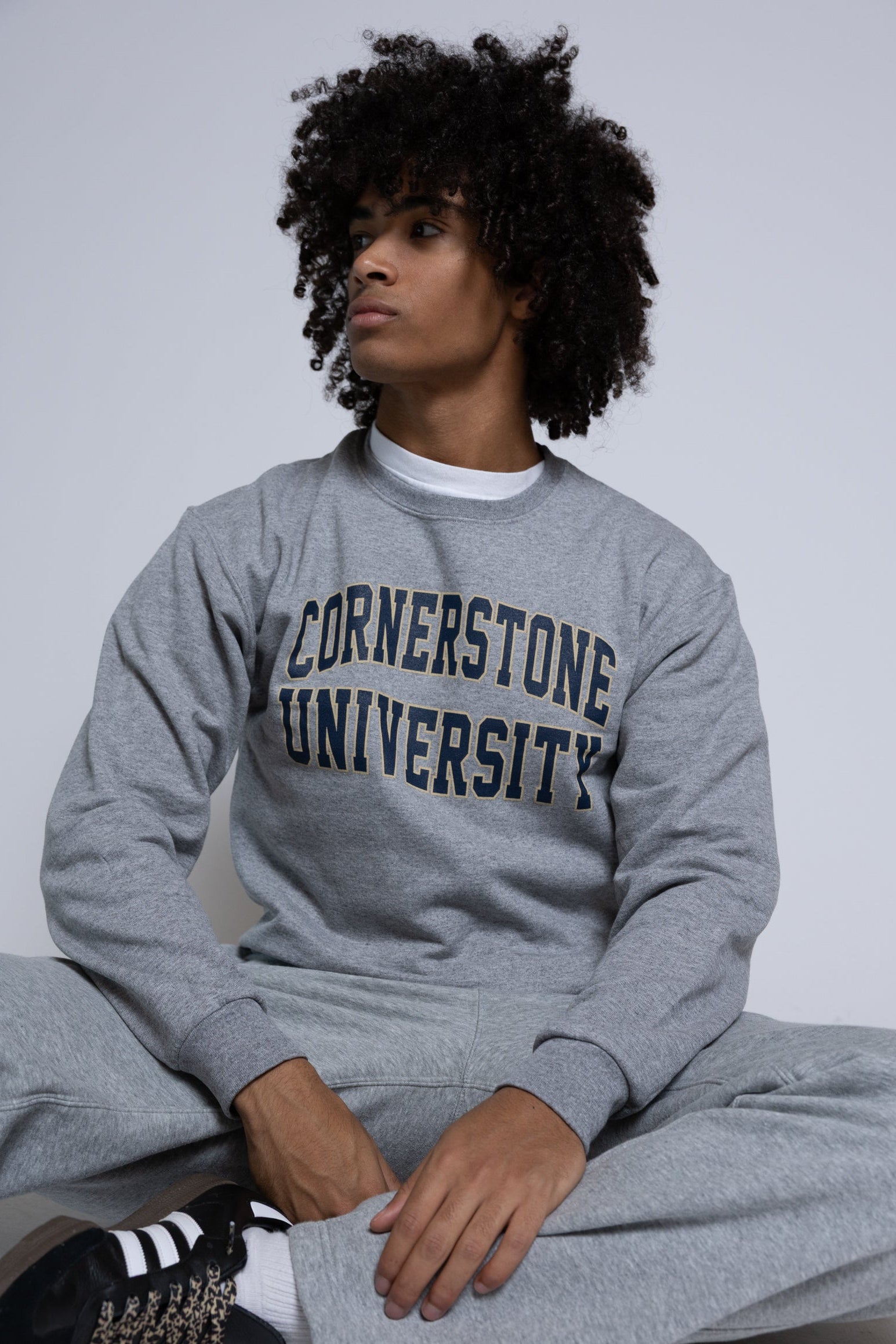 Person wearing a gray 'Cornerstone University' crew sweatshirt sitting on a white background