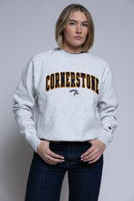 Load image into Gallery viewer, Person wearing a light crewneck sweatshirt with &#39;Cornerstone&#39; on it